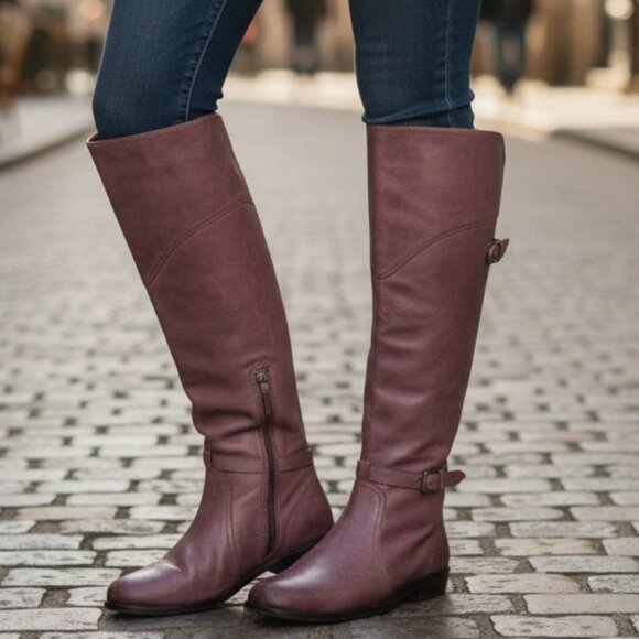 Frye Shoes - Frye Dorado Polished Genuine Leather Bordeaux/Light Red Knee High Riding…